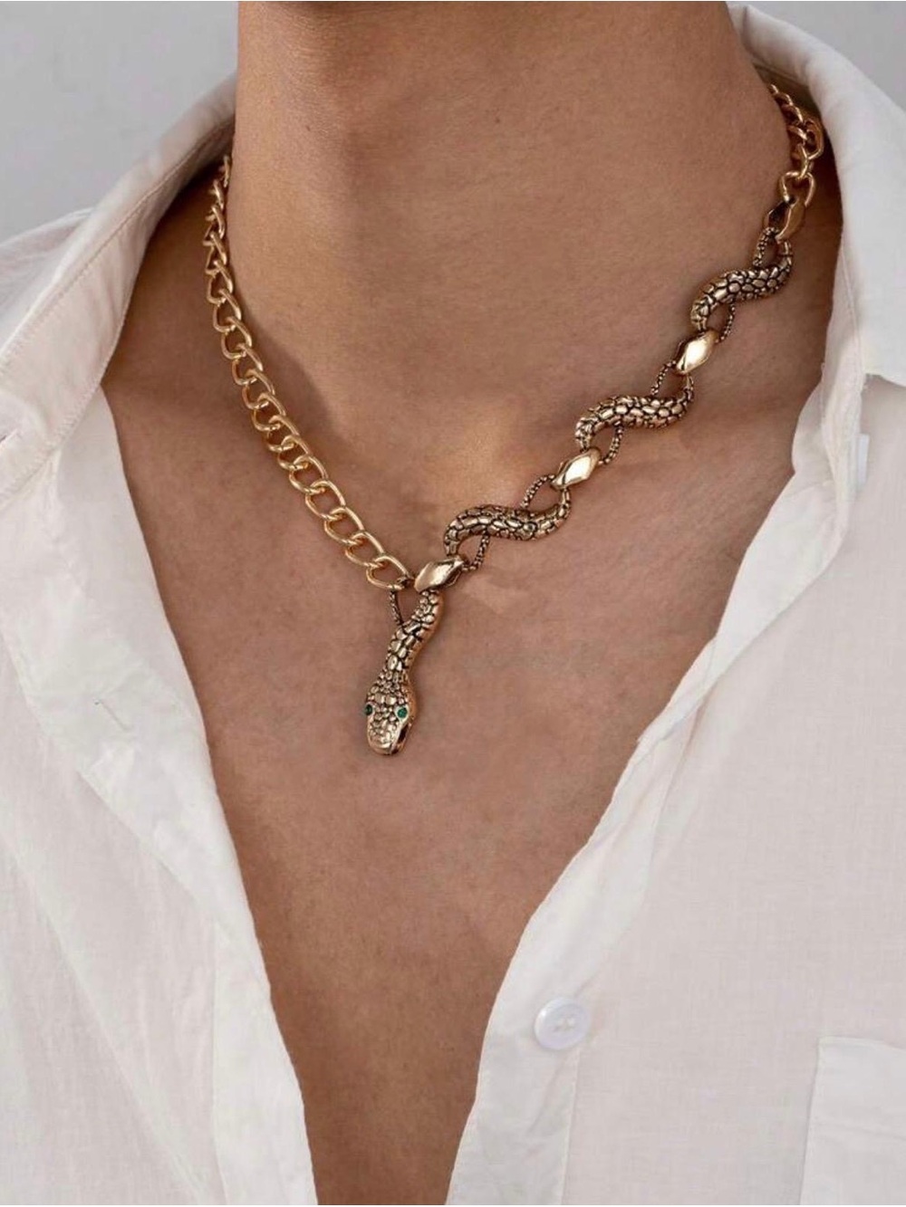 Gold Snake Chain Necklace with Green Accents